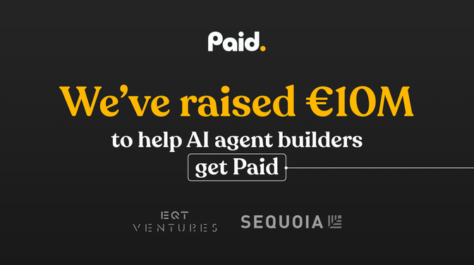 A banner stating that Paid.ai has raised 10 million Euro from EQT Ventures and Sequoia.