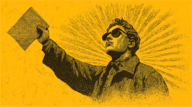 Illustration of a person in sunglasses holding up a paper, with sunburst rays in the background, on a yellow textured backdrop.