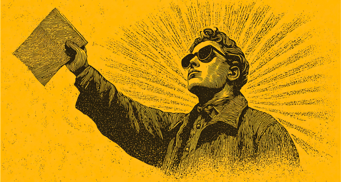 Illustration of a person in sunglasses holding up a paper, with sunburst rays in the background, on a yellow textured backdrop.