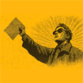 Illustration of a person in sunglasses holding up a paper, with sunburst rays in the background, on a yellow textured backdrop.