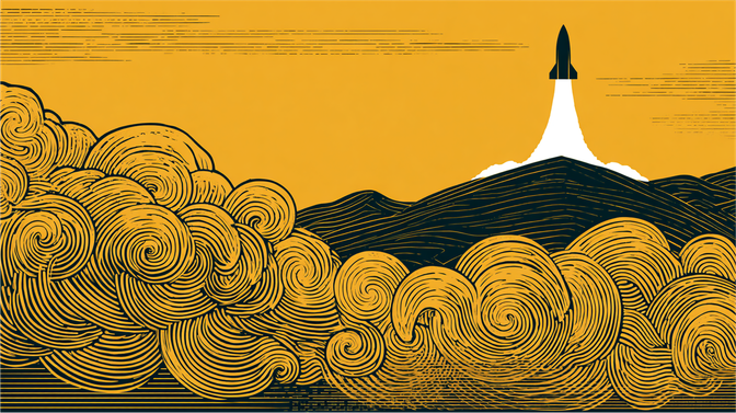 Illustration of a rocket launching into a yellow sky, with stylized swirling clouds and hills in the foreground.