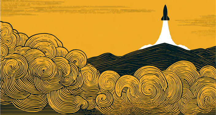 Illustration of a rocket launching into a yellow sky, with stylized swirling clouds and hills in the foreground.