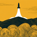 Illustration of a rocket launching into a yellow sky, with stylized swirling clouds and hills in the foreground.