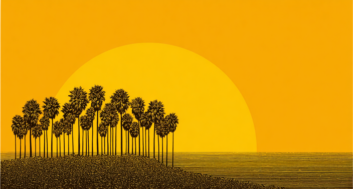 Silhouetted palm trees on a hill against a large, vibrant orange sunset, with a calm sea in the foreground.