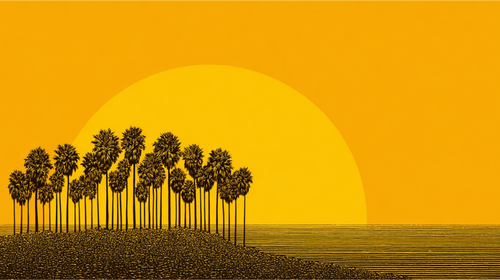Silhouetted palm trees on a hill against a large, vibrant orange sunset, with a calm sea in the foreground.