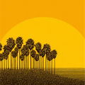 Silhouetted palm trees on a hill against a large, vibrant orange sunset, with a calm sea in the foreground.