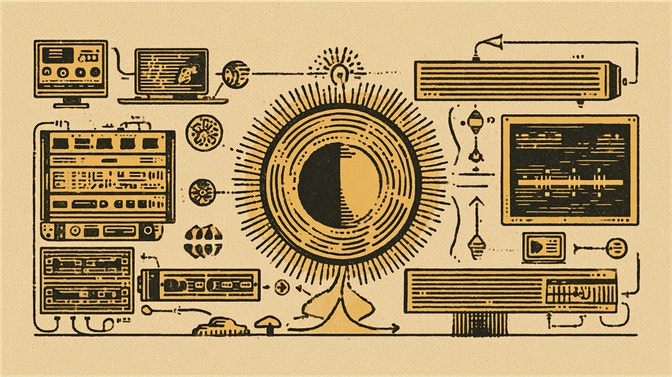 Intricate illustration of a sun-like central figure surrounded by computers, servers, and tech elements, connected with lines and symbols.