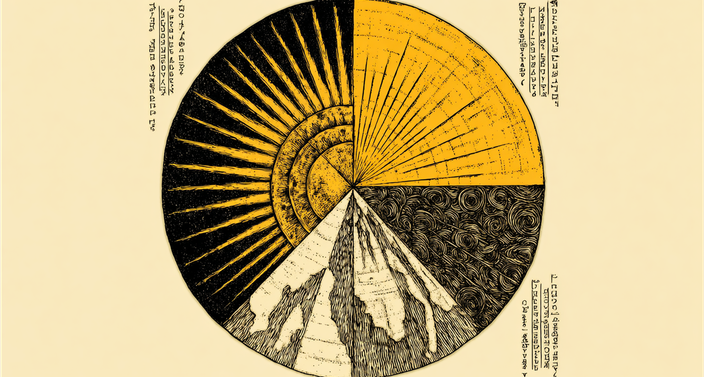 Circular illustration divided into four sections: sun rays, geometric patterns, swirling clouds, and mountain peaks, with text along the edges.
