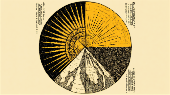 Circular illustration divided into four sections: sun rays, geometric patterns, swirling clouds, and mountain peaks, with text along the edges.
