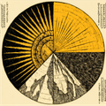 Circular illustration divided into four sections: sun rays, geometric patterns, swirling clouds, and mountain peaks, with text along the edges.