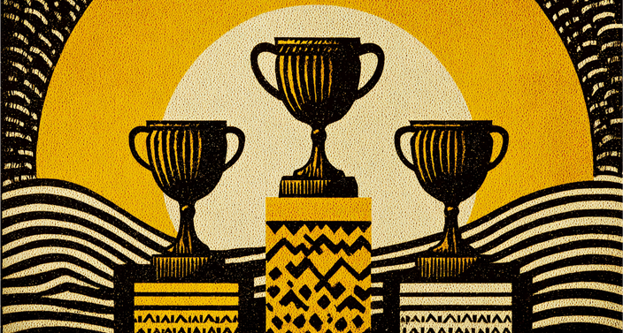 Illustration of three trophy cups on a podium, set against a textured yellow background with a large sun-like circle.