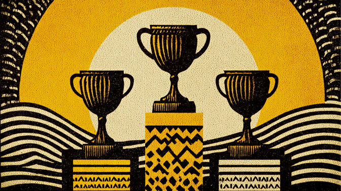 Illustration of three trophy cups on a podium, set against a textured yellow background with a large sun-like circle.