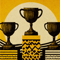 Illustration of three trophy cups on a podium, set against a textured yellow background with a large sun-like circle.