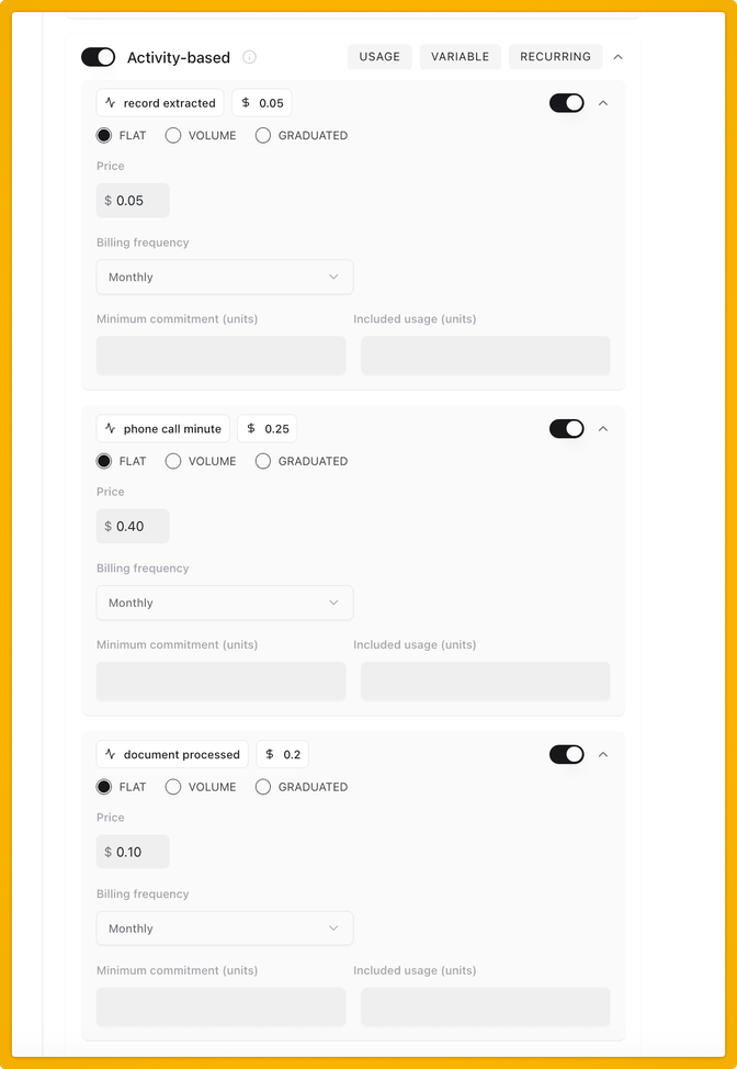 Pricing options for services, including "record extracted," "phone call minute," and "document processed," with toggles and billing details.