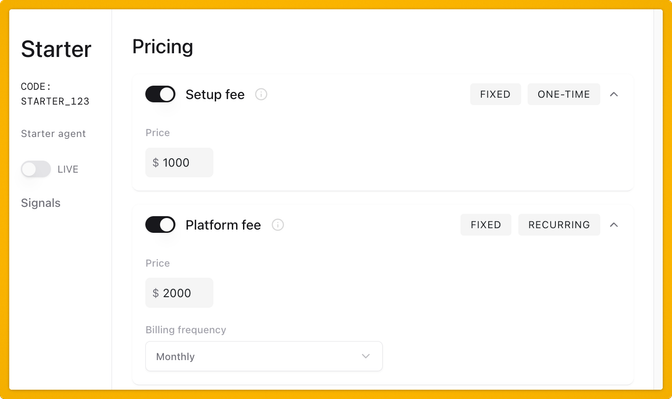 Pricing settings interface showing setup fee of $1000 and platform fee of $2000. Options for fixed, one-time, and recurring billing.