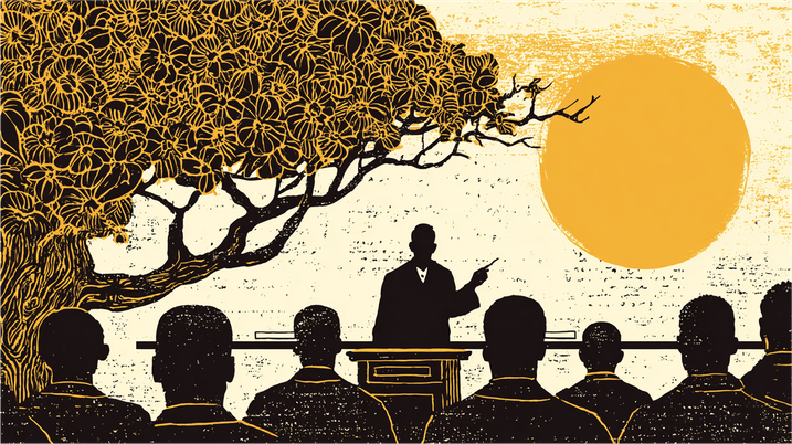 Silhouetted figure speaks at a podium under a tree, facing an audience. A large sun sets in the background, creating a warm, textured scene.