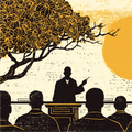 Silhouetted figure speaks at a podium under a tree, facing an audience. A large sun sets in the background, creating a warm, textured scene.