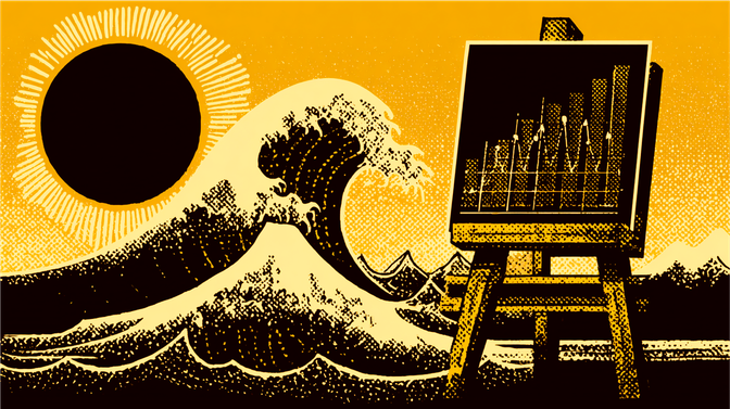 A stylized bar graph on an easel, set against a yellow background with mountains and clouds in the distance.