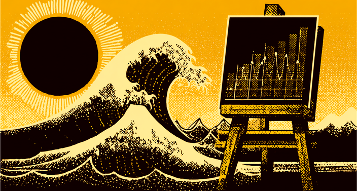 A stylized bar graph on an easel, set against a yellow background with mountains and clouds in the distance.