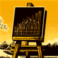 A stylized bar graph on an easel, set against a yellow background with mountains and clouds in the distance.