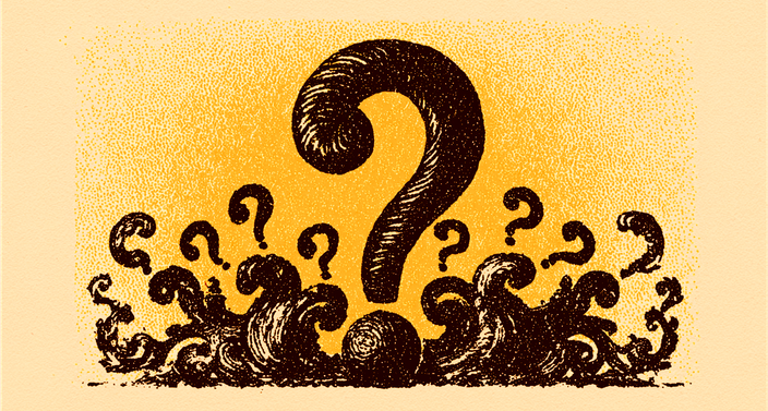 Illustration of a large, textured question mark surrounded by smaller ones on a yellow background, evoking curiosity and mystery.