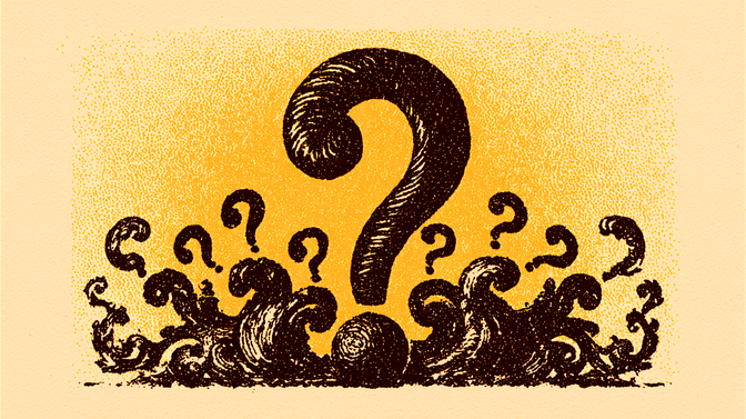 Illustration of a large, textured question mark surrounded by smaller ones on a yellow background, evoking curiosity and mystery.