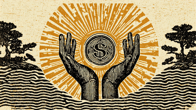 Illustration of hands holding a coin with a dollar sign, surrounded by radiant sunbeams, symbolizing prosperity and financial growth.