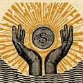 Illustration of hands holding a coin with a dollar sign, surrounded by radiant sunbeams, symbolizing prosperity and financial growth.