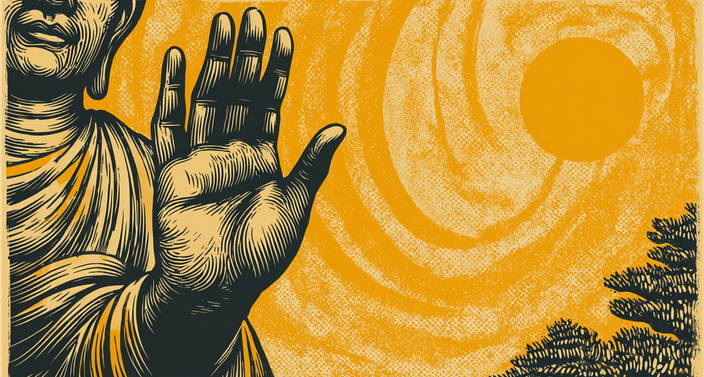 An artistic depiction of a raised hand in a gesture of peace, with a swirling yellow background and sun, next to a partial face and trees.
