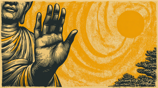 An artistic depiction of a raised hand in a gesture of peace, with a swirling yellow background and sun, next to a partial face and trees.