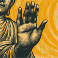An artistic depiction of a raised hand in a gesture of peace, with a swirling yellow background and sun, next to a partial face and trees.