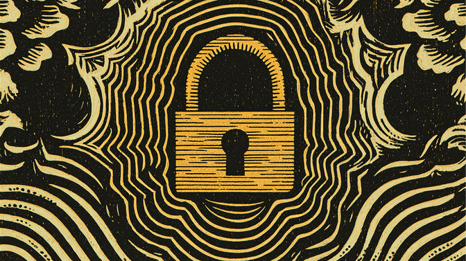 Illustration of a central yellow padlock with swirling, abstract black and white patterns surrounding it, creating a sense of movement.