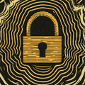 Illustration of a central yellow padlock with swirling, abstract black and white patterns surrounding it, creating a sense of movement.