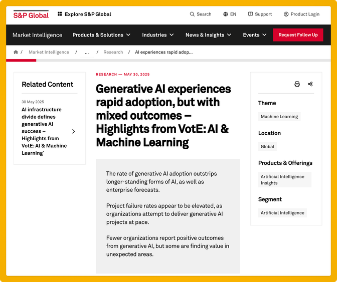 A news article from S&P global talking about how fewer organizations are reporting positive outcomes from generative AI.