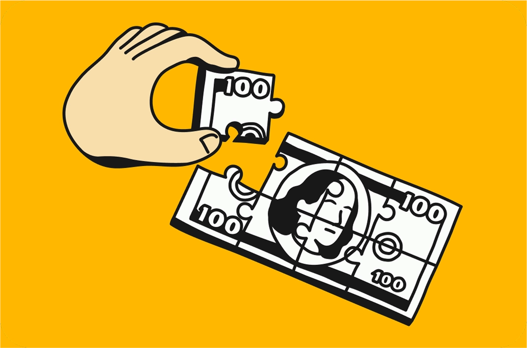 An illustration about assembling a $100 bill from puzzle pieces, symbolizing how Paid helps you build your monetizing model.