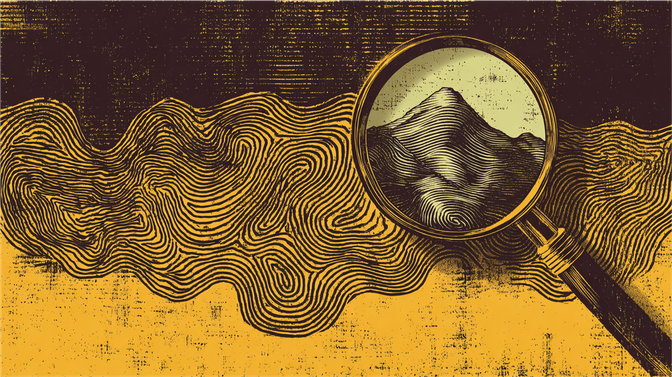 A magnifying glass reveals a detailed, textured mountain against a background of swirling lines, creating a vintage, abstract effect.