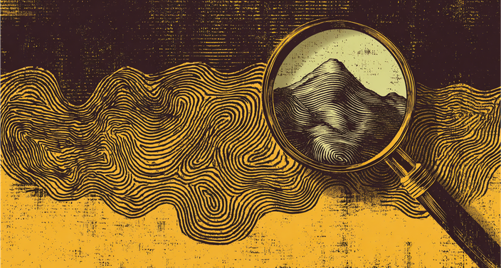 A magnifying glass reveals a detailed, textured mountain against a background of swirling lines, creating a vintage, abstract effect.