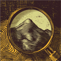 A magnifying glass reveals a detailed, textured mountain against a background of swirling lines, creating a vintage, abstract effect.