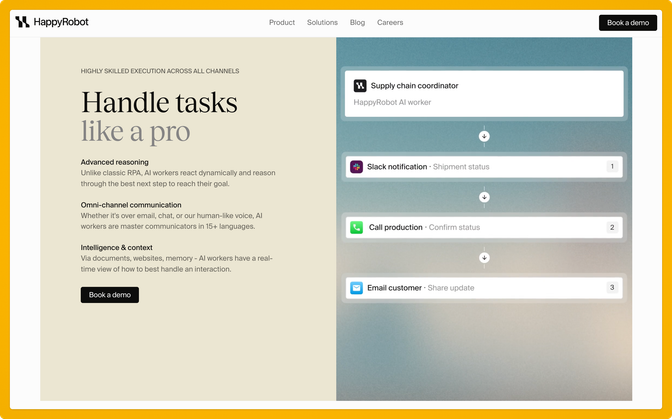 A webpage with a HappyRobot logo, navigation menu, and sections on AI worker tasks: supply chain, notifications, production, and email. "Book a demo" button.