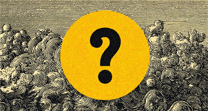 A large yellow circle with a black question mark is set against a background of intricate black and white swirling patterns.