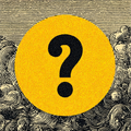 A large yellow circle with a black question mark is set against a background of intricate black and white swirling patterns.
