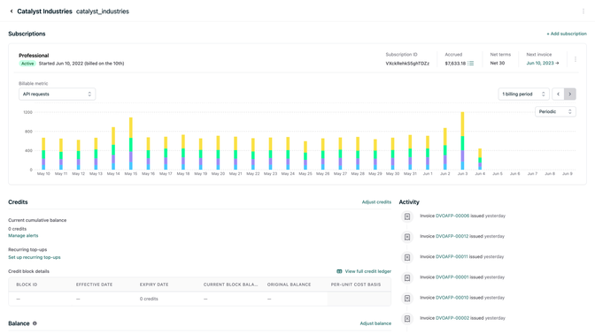 Dashboard showing subscription details and API request metrics with a bar graph. Includes credits, invoices, and balance information.