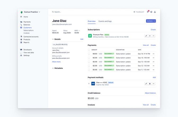 Dashboard showing user account details, subscription status, payment history, and metadata. Includes options for actions and viewing invoices.