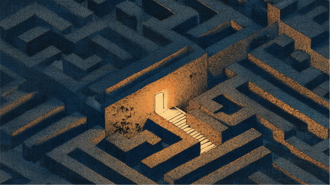 Aerial view of a dark maze with a glowing doorway and illuminated path, creating a striking contrast.