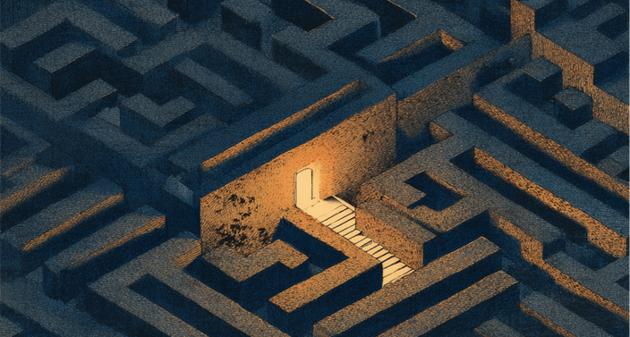 Aerial view of a dark maze with a glowing doorway and illuminated path, creating a striking contrast.