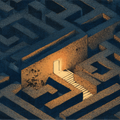 Aerial view of a dark maze with a glowing doorway and illuminated path, creating a striking contrast.