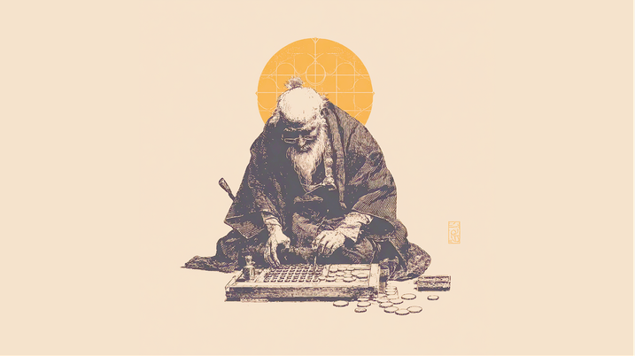 An elderly man in traditional attire plays a board game, surrounded by coins, with a geometric halo behind him.