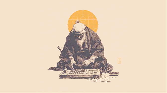 An elderly man in traditional attire plays a board game, surrounded by coins, with a geometric halo behind him.