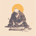 Elderly figure in traditional attire using an abacus, surrounded by coins, with a geometric sun design in the background.