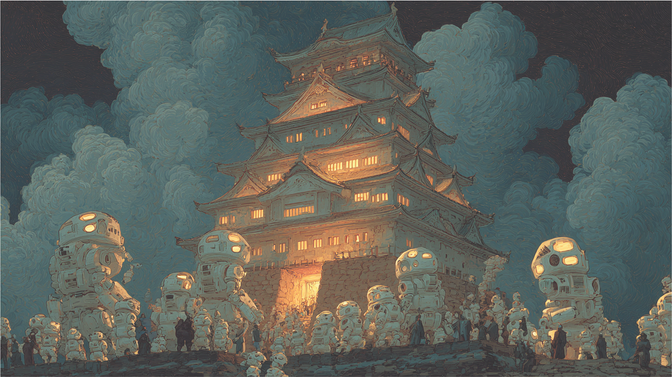 A group of robots gather around a brightly lit, traditional Japanese castle at night, surrounded by dramatic, swirling clouds.